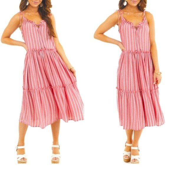 Penna&Pine Dresses & Skirts - Striped Faded Red Tiered Swing Midi Dress